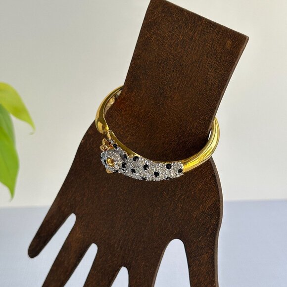 Vintage Leopard Head Bracelet, Hinged Gold Tone Bangle, Figural Cat Jewelry, Red - Picture 11 of 12